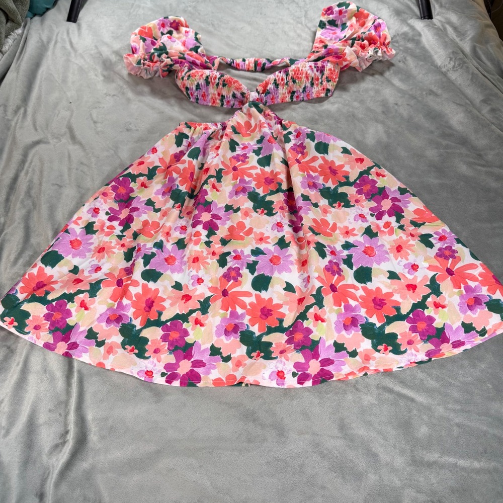 Soleia SHEIN Vacation Sm Spring Break Floral Print Cut Out Waist Puff Sleeve NWT